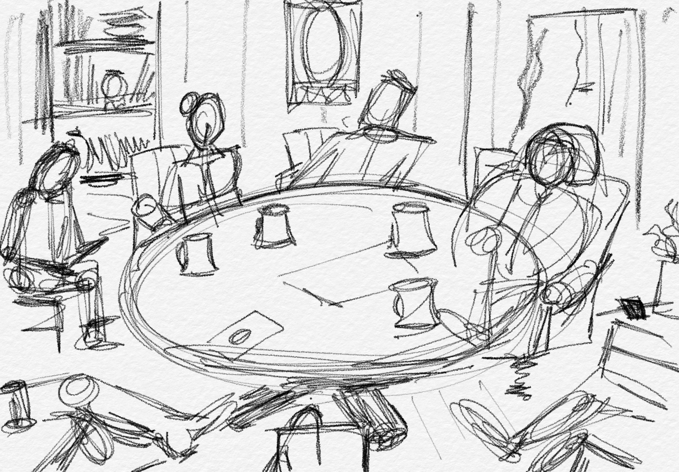 a gestural drawing of people seated around a table