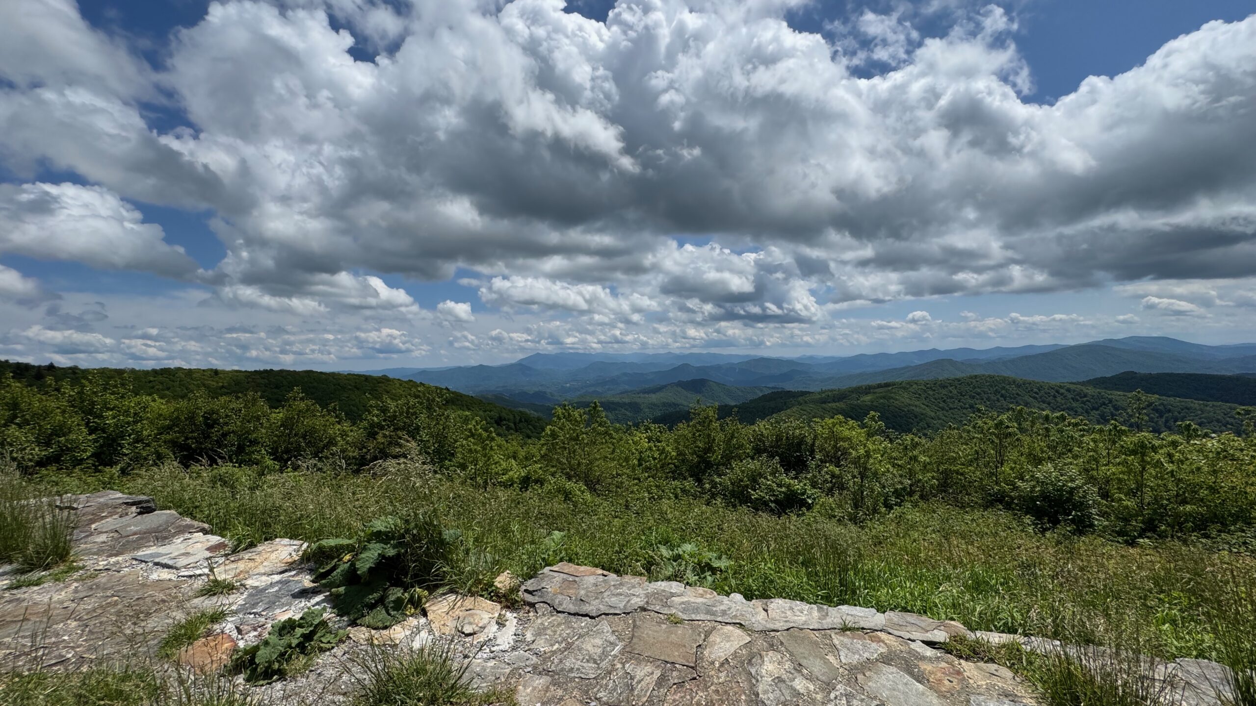 A view from Unaka Mountain Overlook also known as Pleasant Gardens, depicting a mountain top view of a forest valley and a blue mountain range in the distance.
